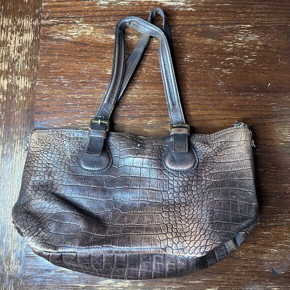 Crocodile-Embossed Brown Leather Conceal Carry Handbag By Hidesign Double Handle - Picture 13 of 14